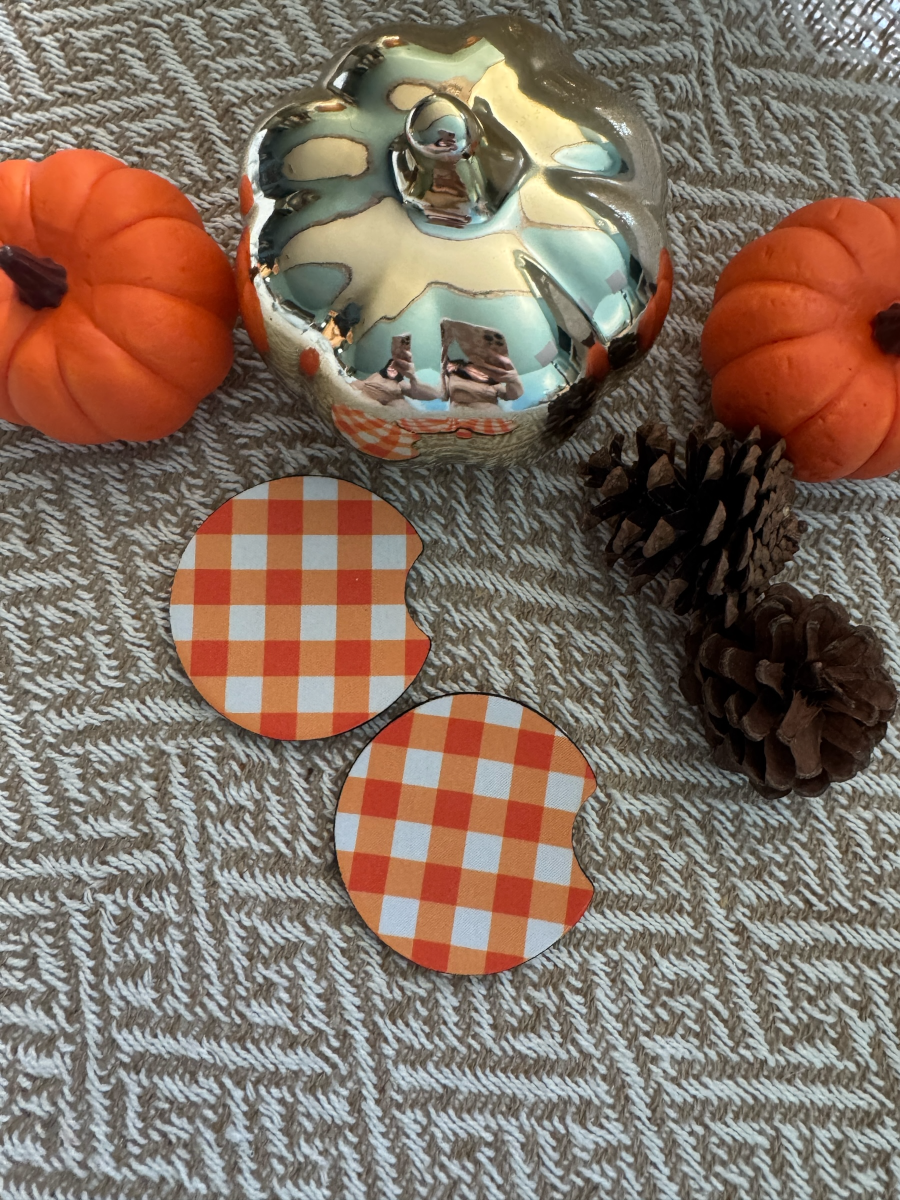 Orange Plaid Autumn Car Coasters (Set of 2)