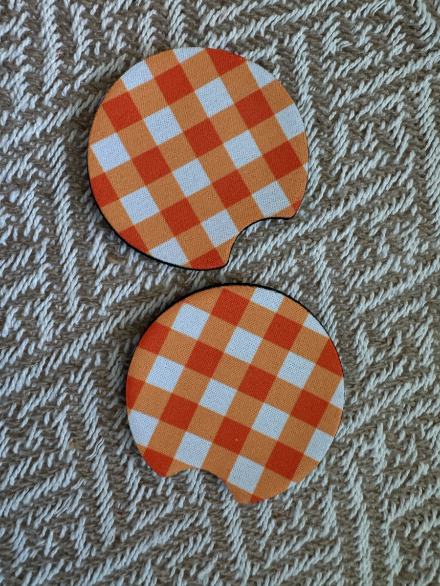 Orange Plaid Autumn Car Coasters (Set of 2)