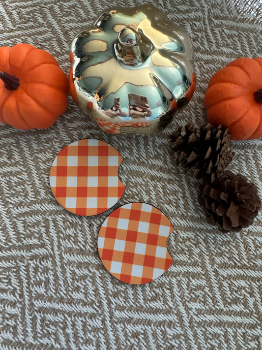 Orange Plaid Autumn Car Coasters (Set of 2)