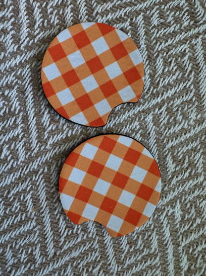 Orange Plaid Autumn Car Coasters (Set of 2)